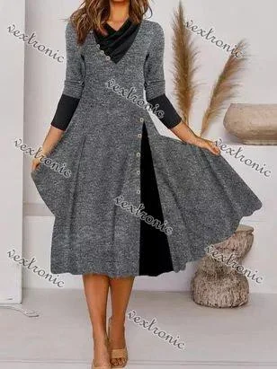 Women Gray Long Sleeve V-neck Printed Midi Dress