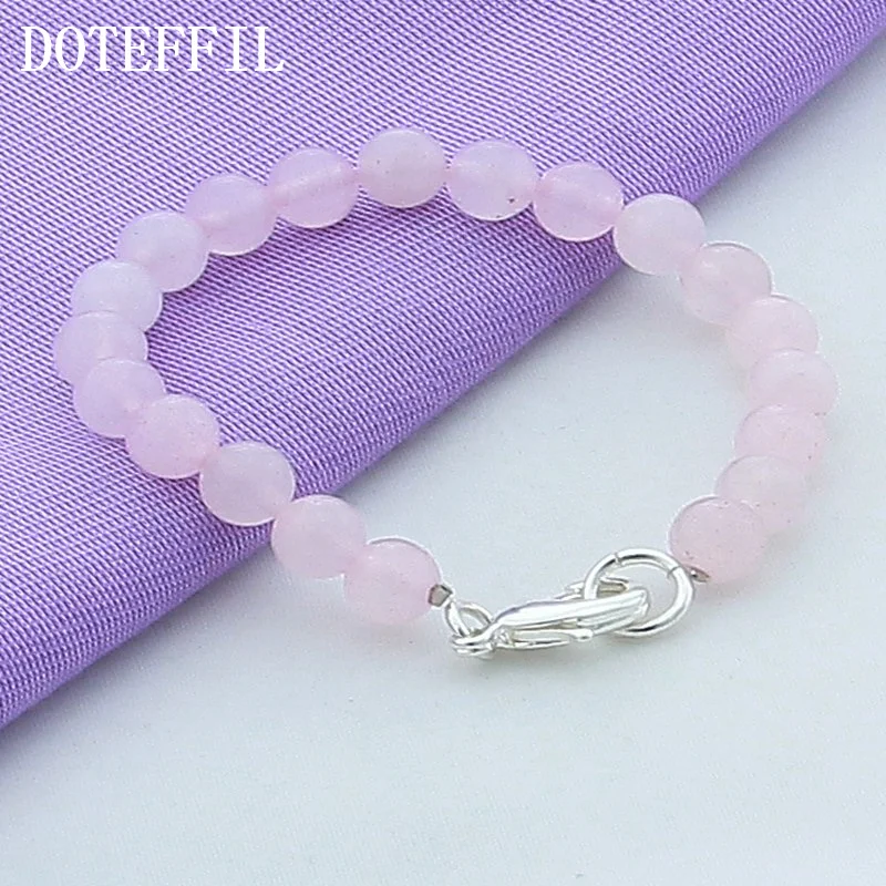 DOTEFFIL Pink Agate Bracelet 925 Sterling Silver Buckle For Woman Jewelry