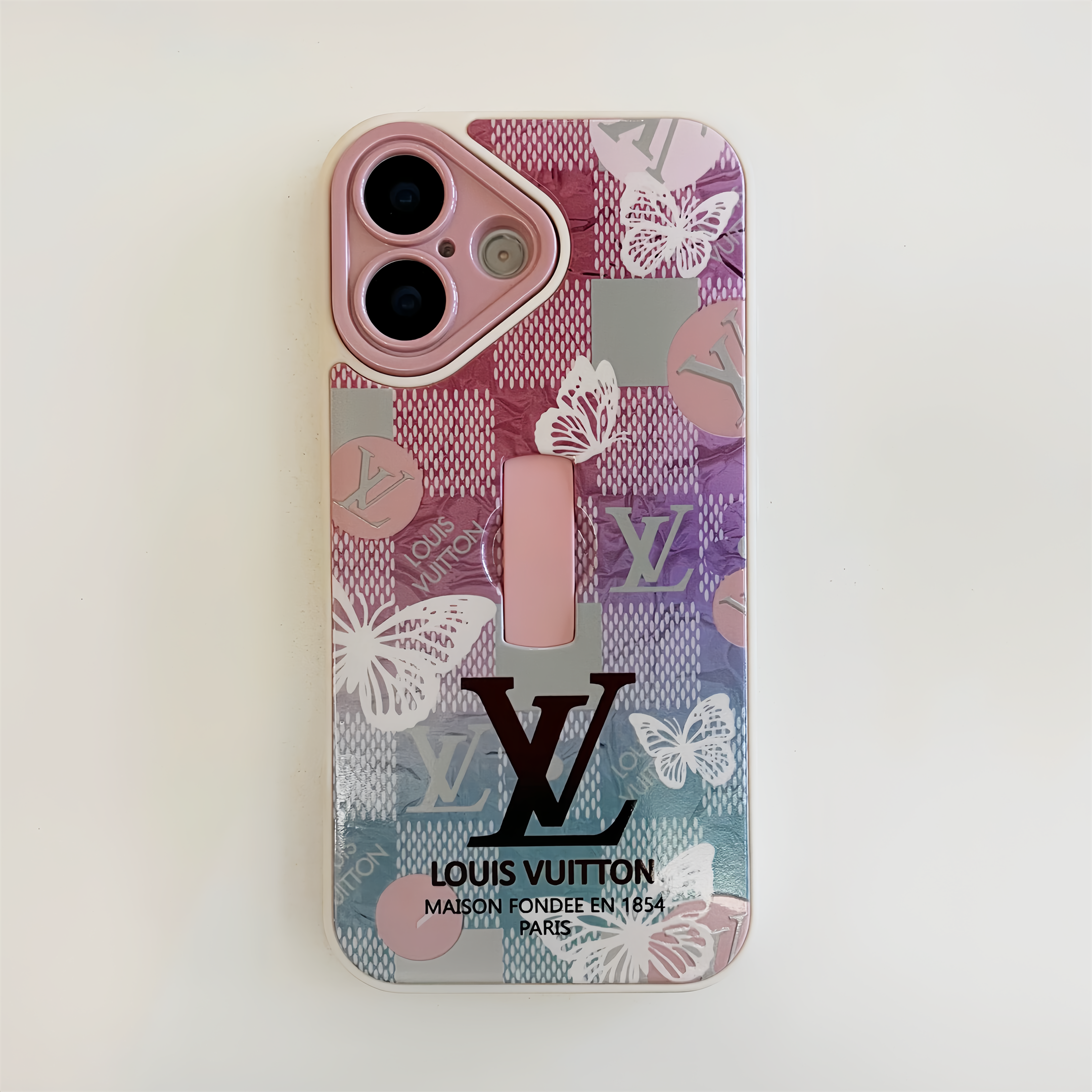 LV Monogram Checkerboard Elegant Butterfly Print Ring Buckle Apple iPhone Case