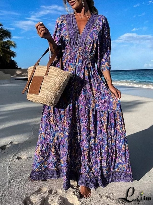 Long Dress Maxi Dress Sundress Boho Dress Print Dress Print Fashion Bohemian Holiday Vacation Going out Print Half Sleeve V Neck Dress Regular Fit Blue Purple Green Summer Spring S M L XL XXL for Women