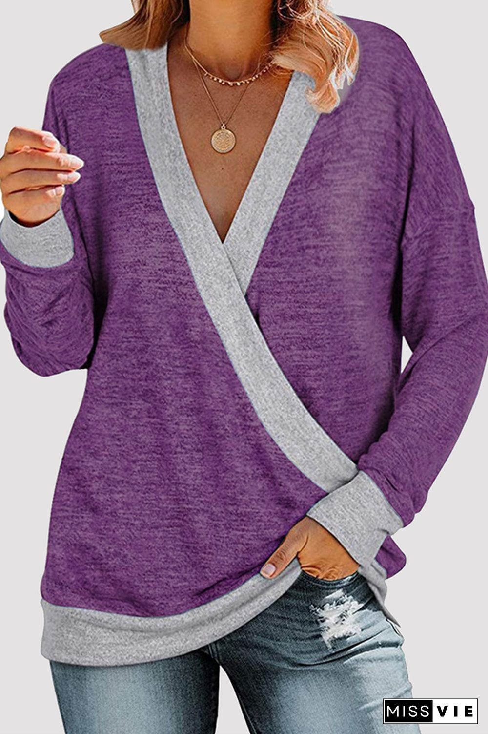 Casual Patchwork Basic Contrast V Neck Tops