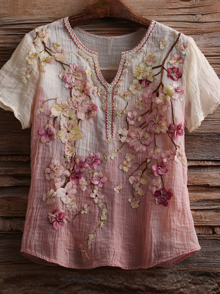 Vintage Cherry Blossom Embroidery Artistic Gradient Cotton Linen Casual V-neck Top elevenforest