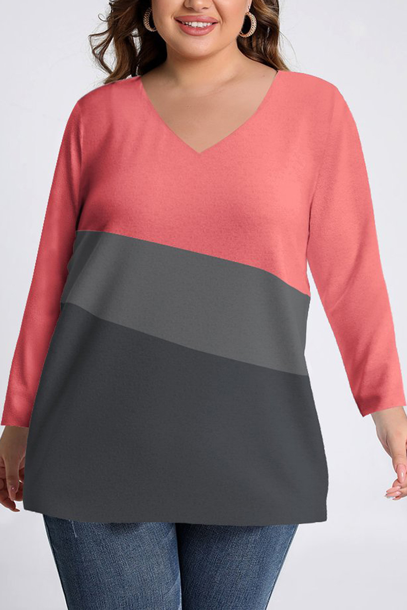 Flycurvy Plus Size Casual Pink V Neck Colorblock Casual Loose Long Sleeve T Shirt