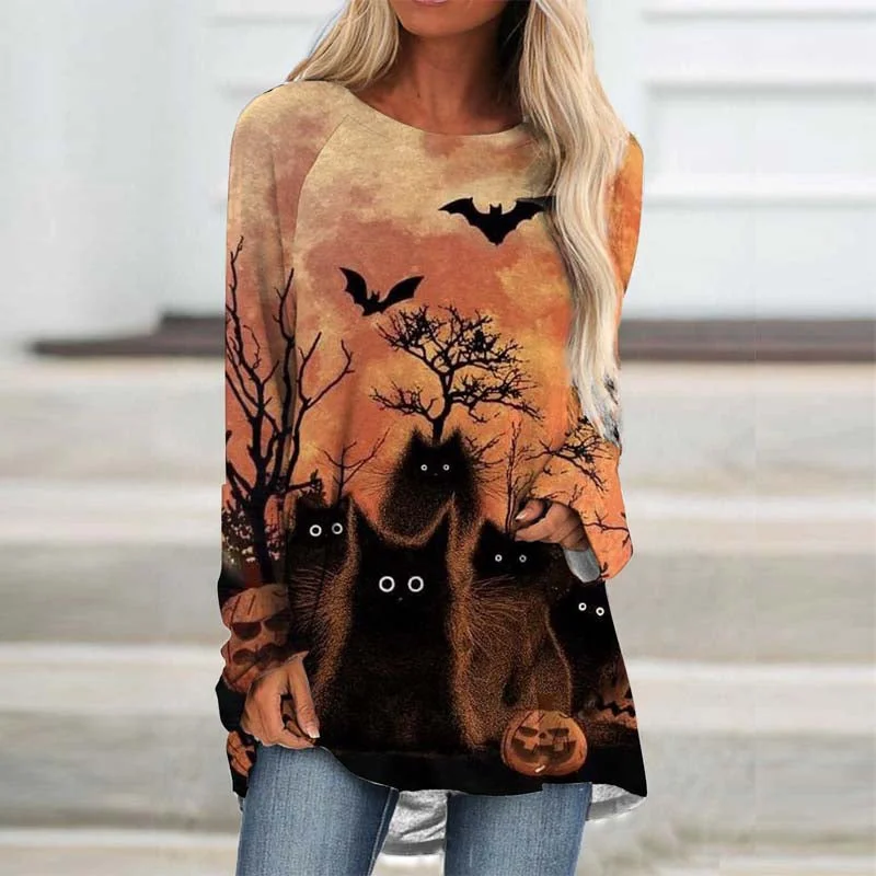 Halloween Black Cat Printed Long Sleeve T-shirt