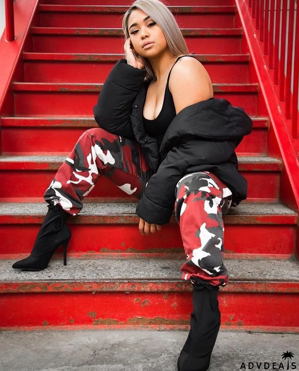 Spring High Waist Camou Cargo Pants with Belt