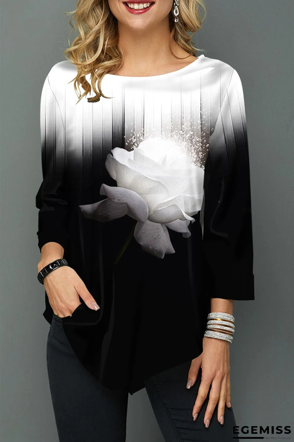 White Fashion Casual Long Sleeve Regular Sleeve Regular Print Tops | EGEMISS