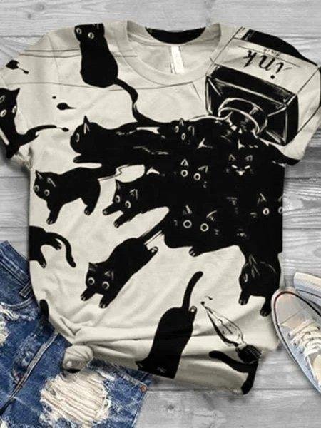 White-Black  Crew Neck Animal Shirts & Tops - VSMEE