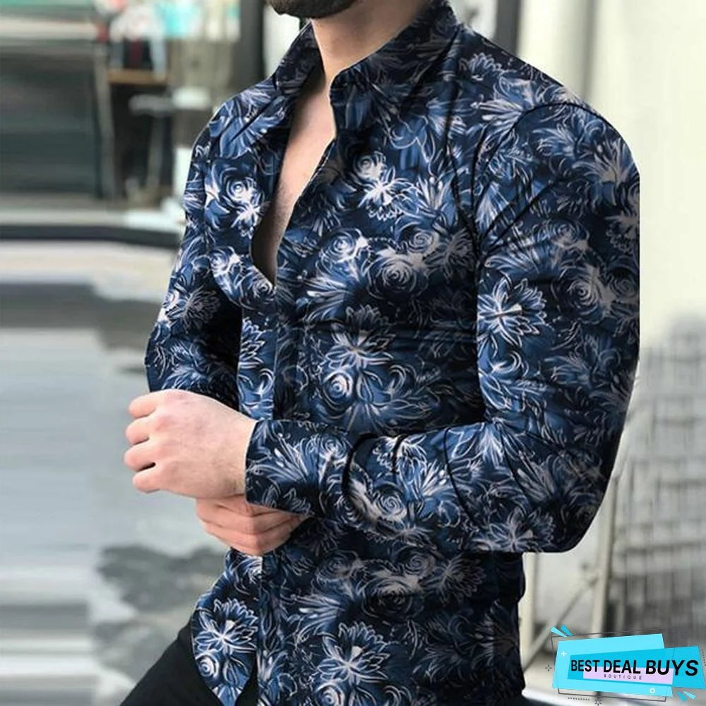 Men Casual Fashion Printed Long Sleeve Turndown Collar Shirts