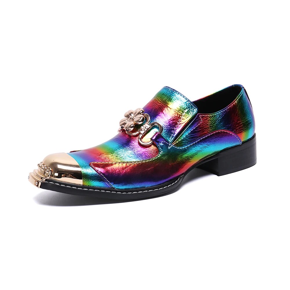 VCSHOES Color Print Genuine Leather Men Business Shoes Plus Size Metal Square Toe Formal Dress Shoes