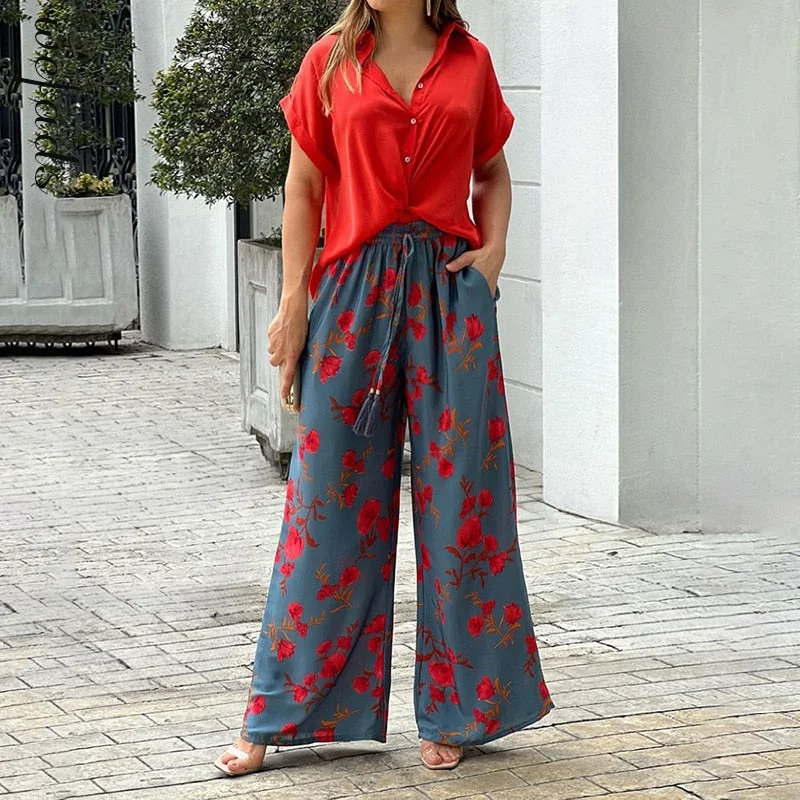 Back to School Women Two Piece Set Solid Color Short Sleeve Button Top Drawstring Print Wide Leg Pants High Streetwear