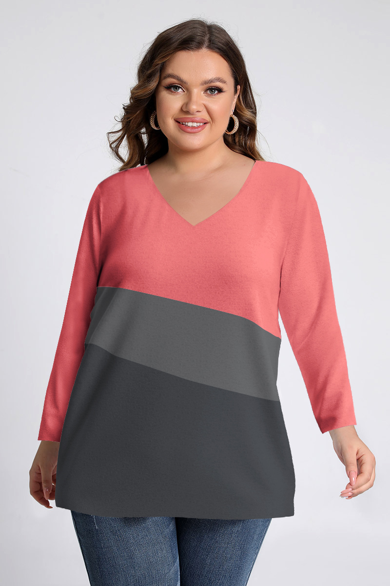 Flycurvy Plus Size Casual Pink V Neck Colorblock Casual Loose Long Sleeve T Shirt