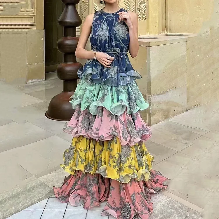 Bohemian Style Floral Print Multi Layered Ruffle Sleeveless Maxi Dress