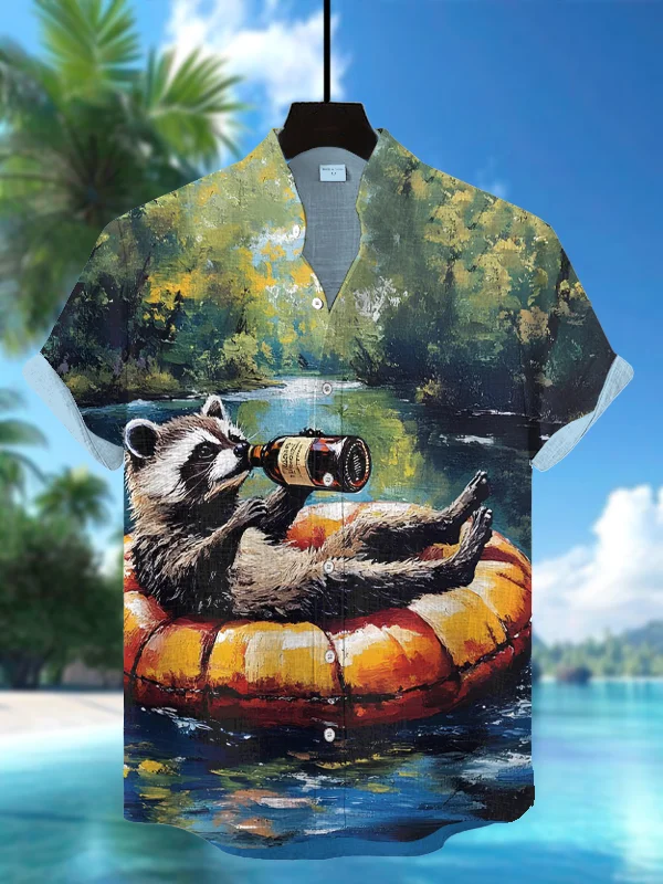 Men's Raccoon Drinking And Swimming Circle Oil Painting Print Casual Shirt