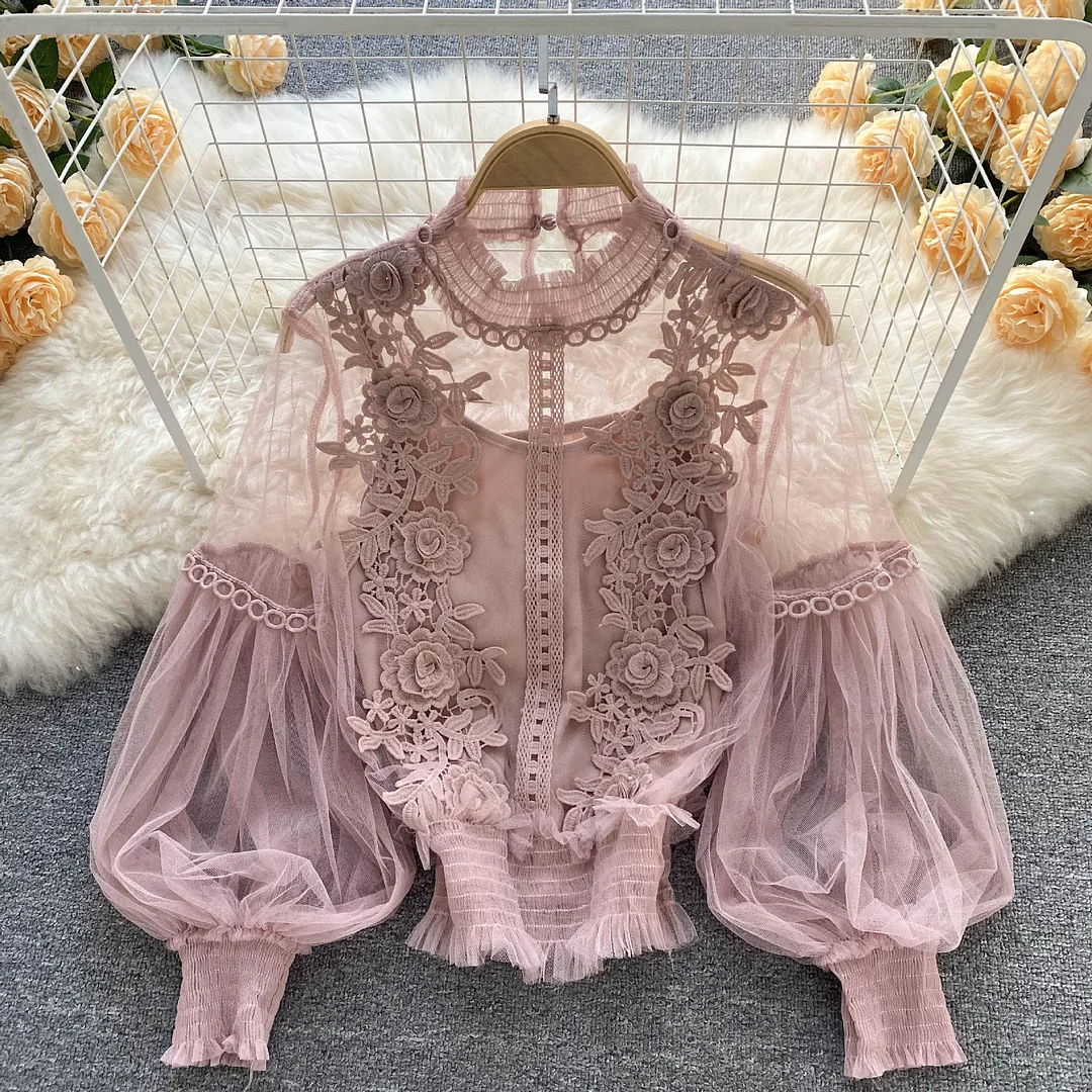 Ueong Sense Of Minority Three-Dimensional Flower Collage Perspective Net Gauze Lantern Sleeves Slim Short Blouse Women's Lace Bottomed Shirt