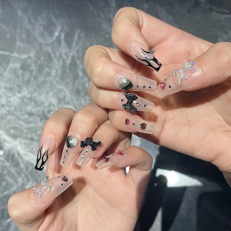 Colorful Deer Pattern False Nails With Rhinestone White Black Heart Decal Full Cover Fake Nails Long French Ballerina Nails