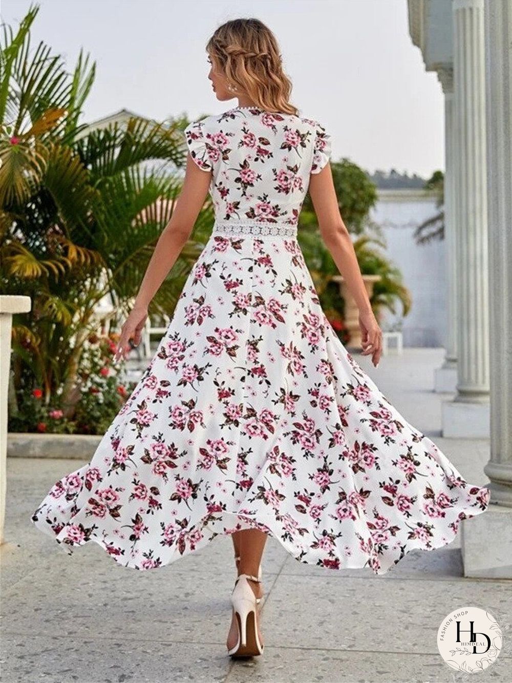 New Ladies Printed Sleeveless Skirt Fashion Temperament Lace V-neck High Waist Dress Bohemian Wind Beach Sundress Dresses Women