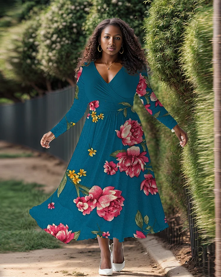 Plus Size Women's Fashionable And Elegant Prints Long Sleeve V Neck Dress