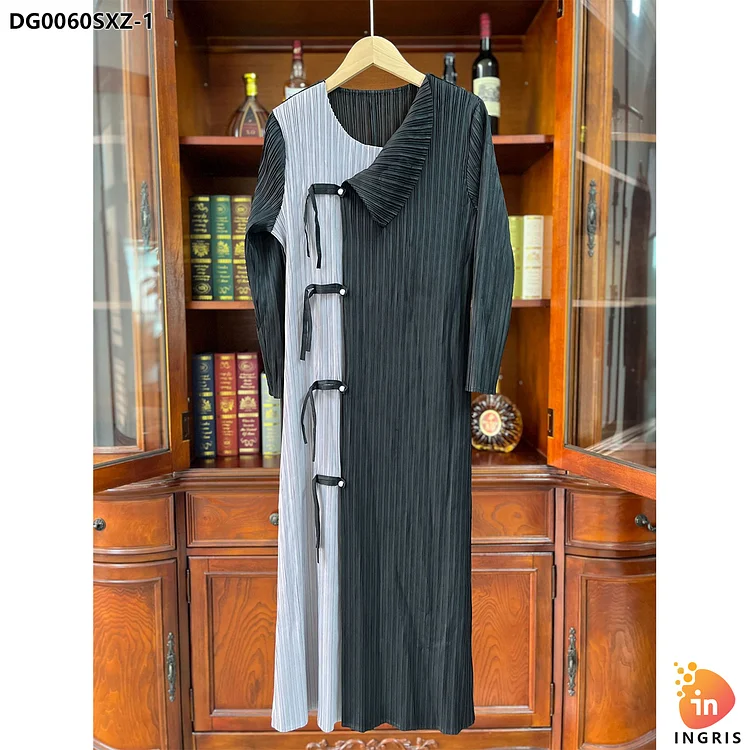 Polyester Lady Elegant Patchwork Color Round-Neck Pleated Plus Size Long Sleeve Loose Midi Women Dress-DG0060SXZ