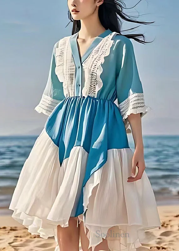 Pre sale - shipping in 30 days/Diy Sea Blue V Neck Patchwork Lace Linen Mid Dress Summer