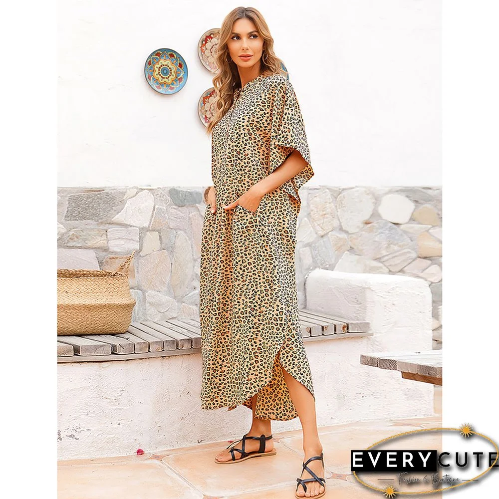 Leopard Button-down Holiday Beach Kimono Dress with Pocket