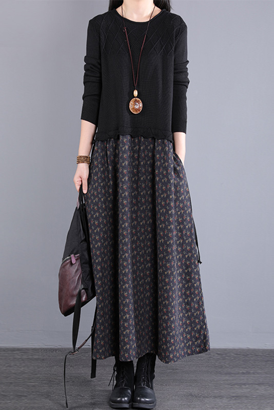 Fall Floral Stitching Long Dress Retro Black Knitted Dress