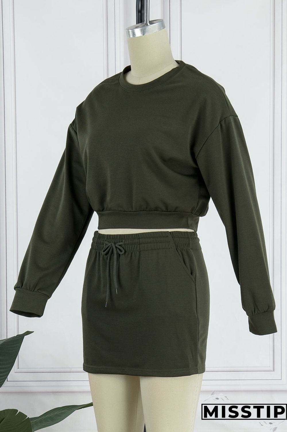 Army Green Casual Solid Patchwork O Neck Long Sleeve Two Pieces