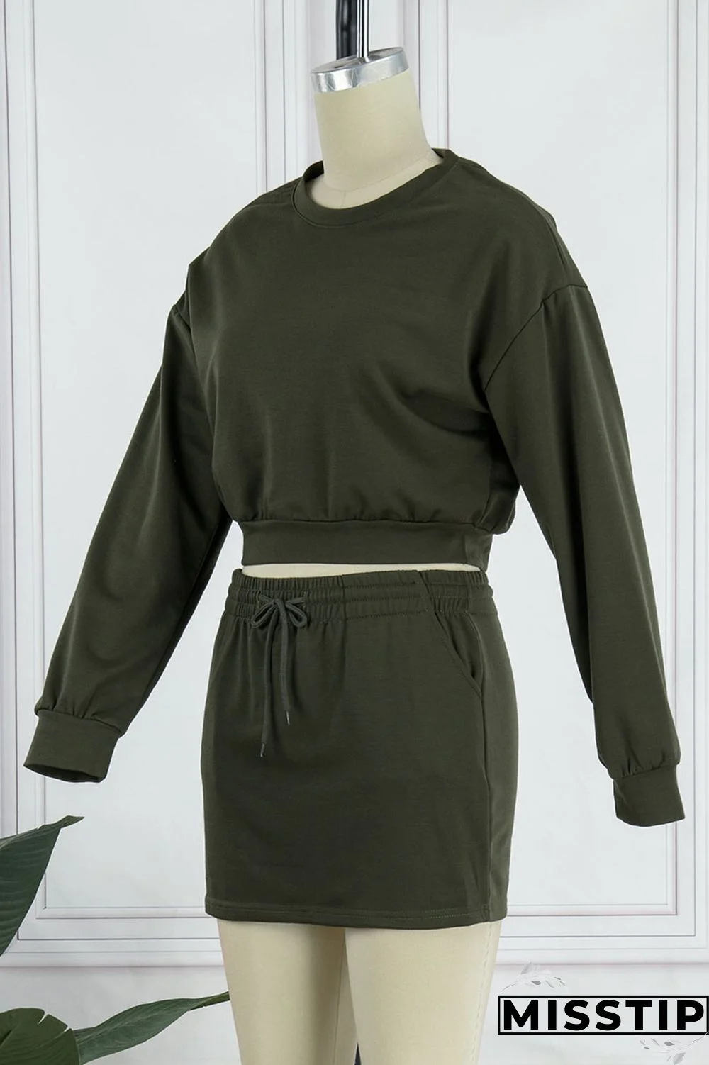 Army Green Casual Solid Patchwork O Neck Long Sleeve Two Pieces