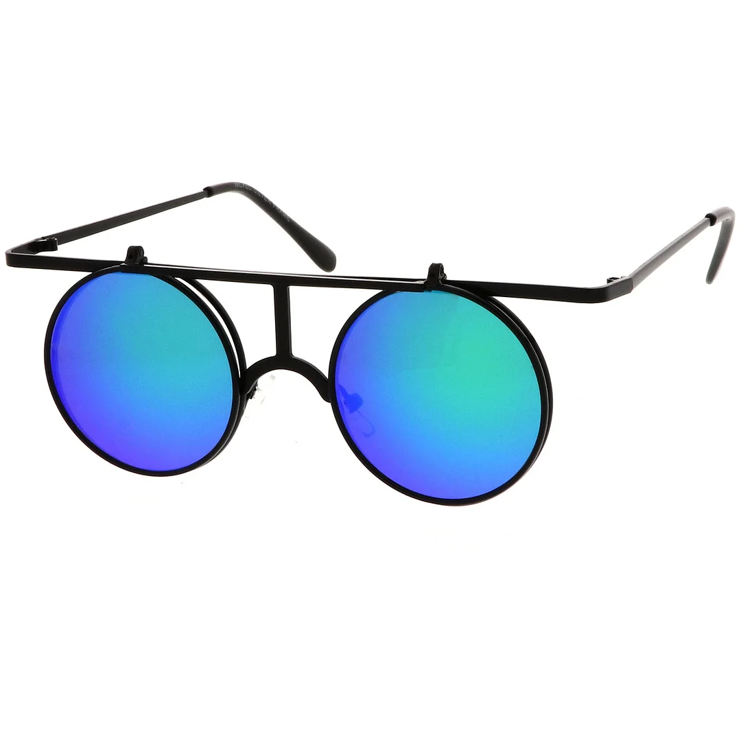 Steampunk Flip Up Cover Flat Top Colored Mirror Clear Lens Round glasses 44mm