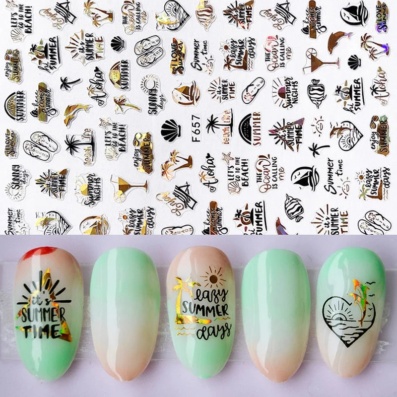 1pcs Black Gold Sping Leaves 3D Nail Sticker Coconut Tree Leaf Pattern Adhesive Transfer Decals Shiny DIY Nail Decoration