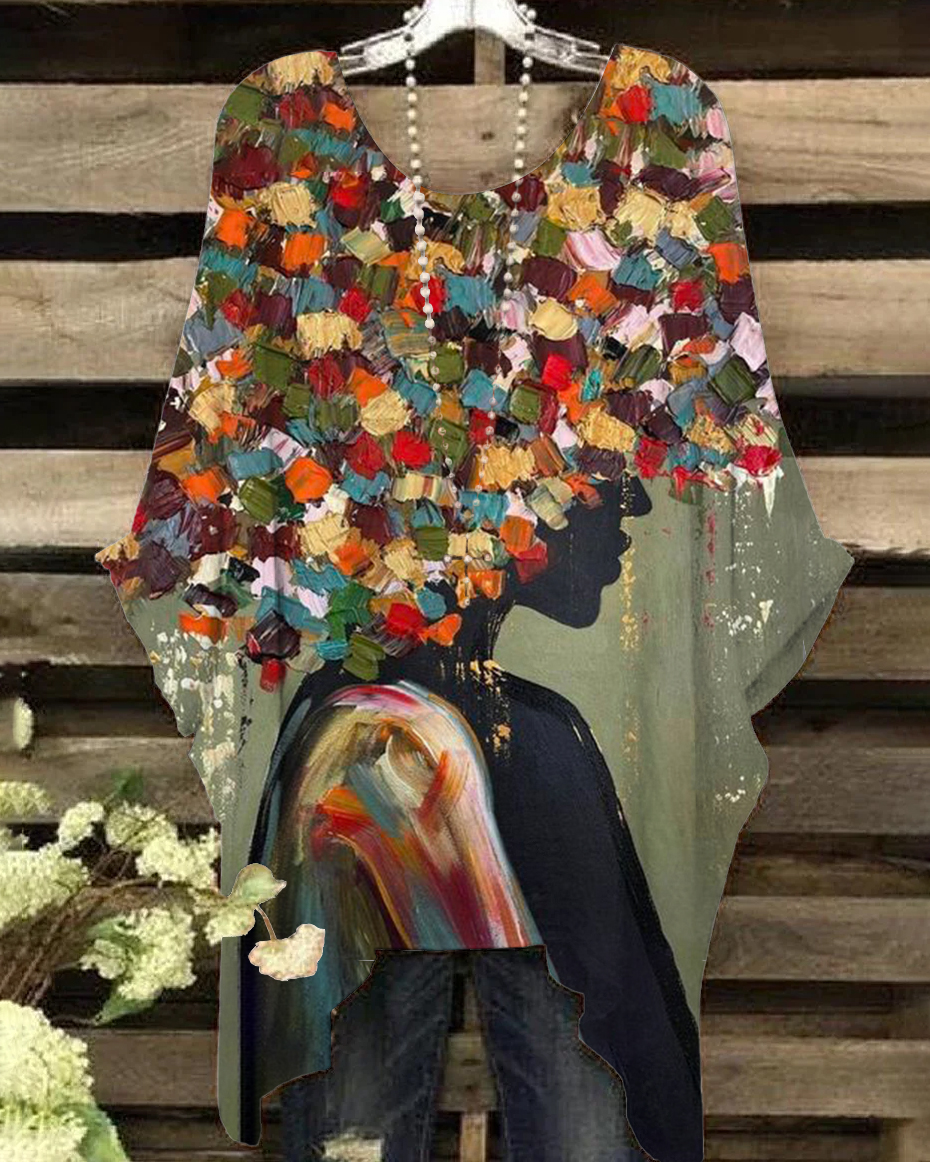 Round Neck Watercolor Afro Girl Painting Print Irregular Shirt