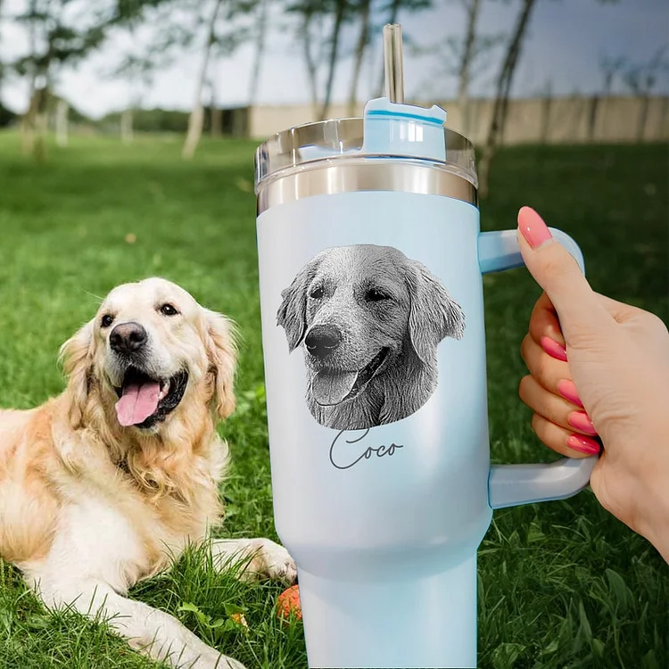 Custom Dog Photo Tumbler, Personalized Engrave Pet Photo on 40oz Tumbler With Handle for Dog Mom