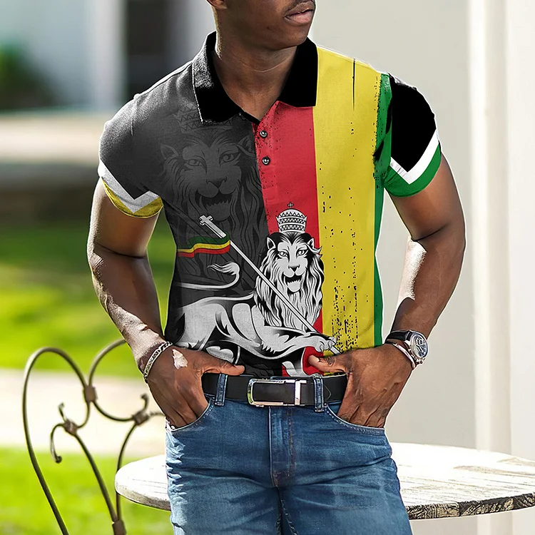 BrosWear Trendy Color-Blocking Reggae Lion Polo Shirt