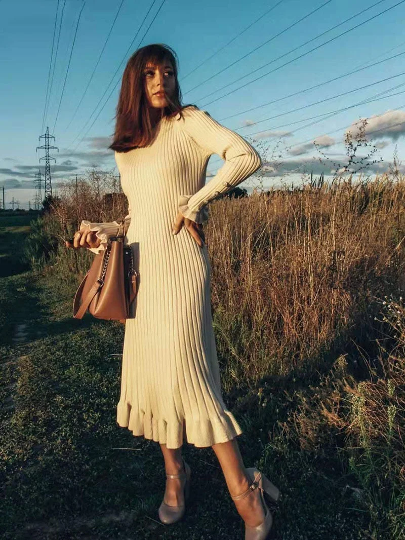 Ezsskj autumn winter thick mermaid maxi sweater dress women o-neck long sweater dress elegant female a-line slim sexy knit dress