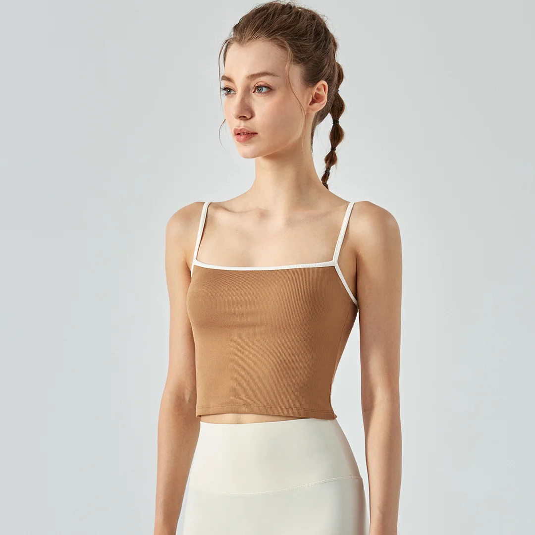 Buy Hergymclothing Oatmeal Brown women's slim fitting ribbed camisole gym tank top with removable cups online