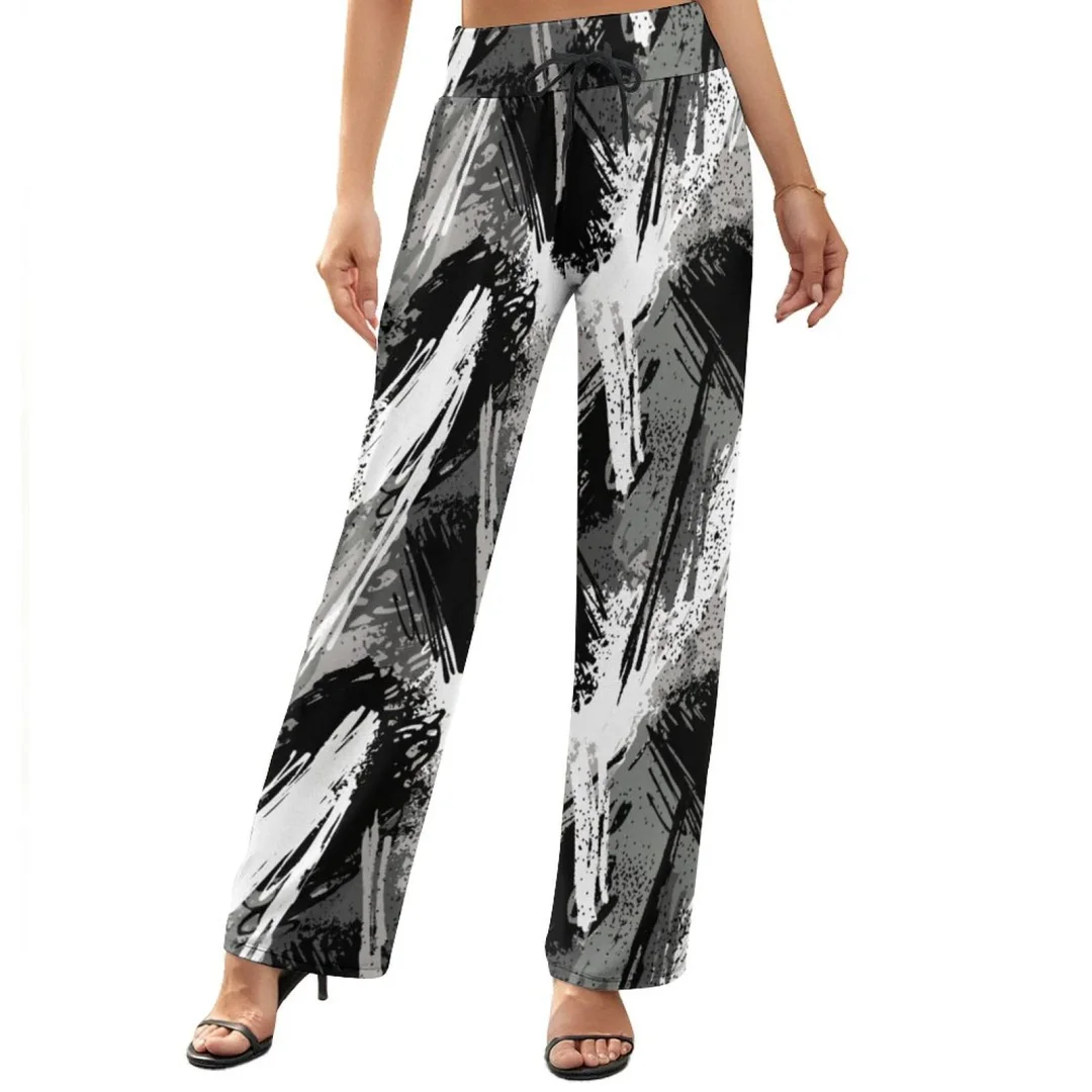 Black White Camouflage Loose Pants Casual Stretchy Wide Leg Palazzo Lounge Pants