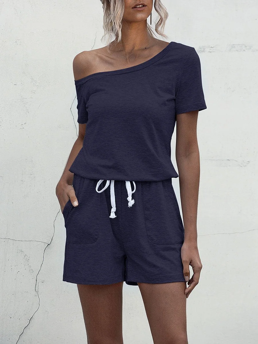 Off-shoulder Short Sleeve Pocket Lace-up Romper