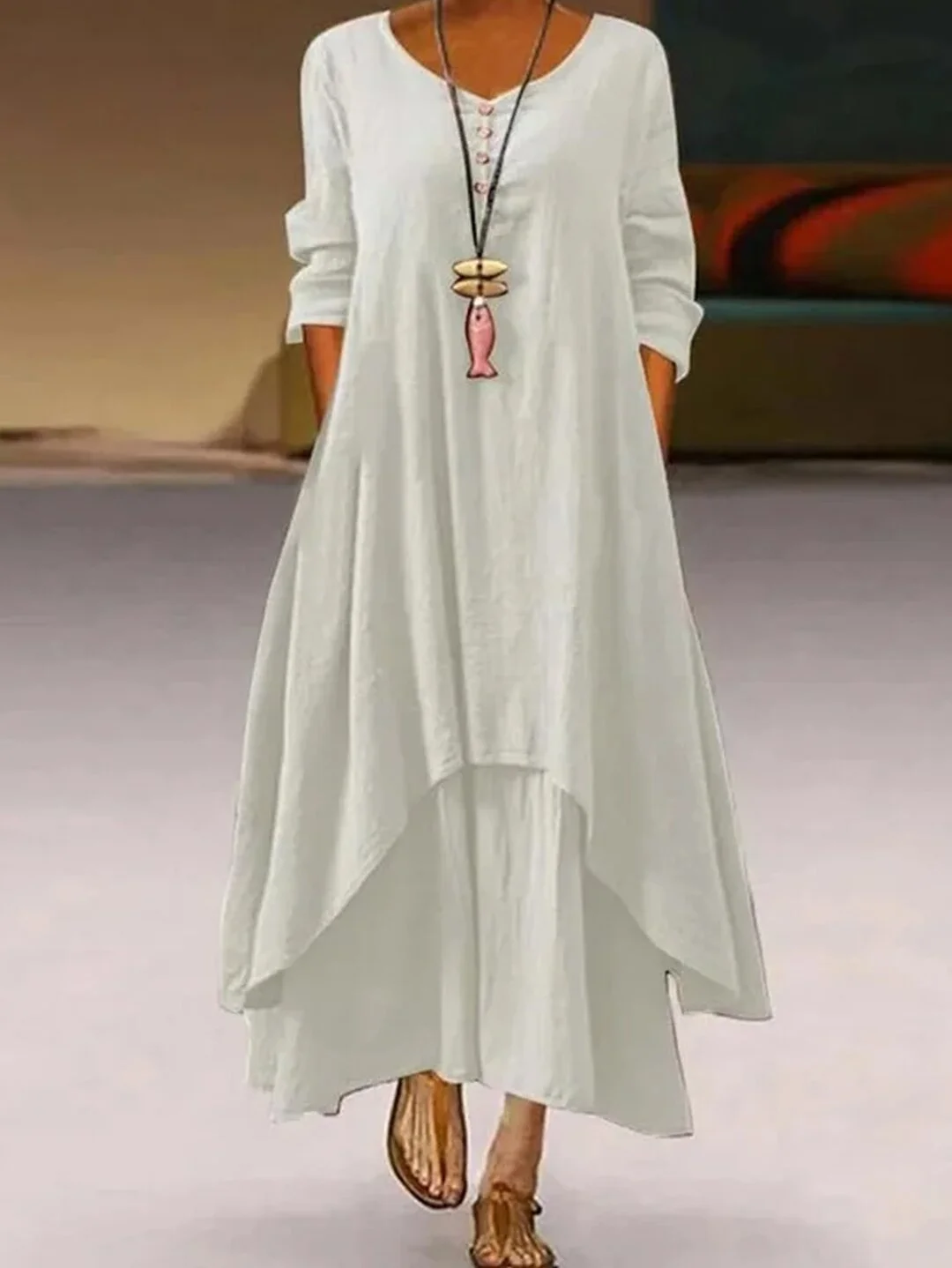Women's Fake Two Loose Long Sleeve Cotton Linen Dress