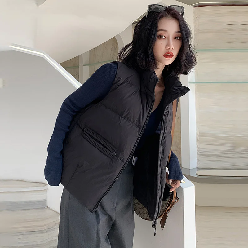 Toloer Standing Collar Down Vest Female Wear Light Warm Design Feeling Warm White Duck Down Vest Big Mouth Horse Clip Big Size Tide-Outfit Ideas