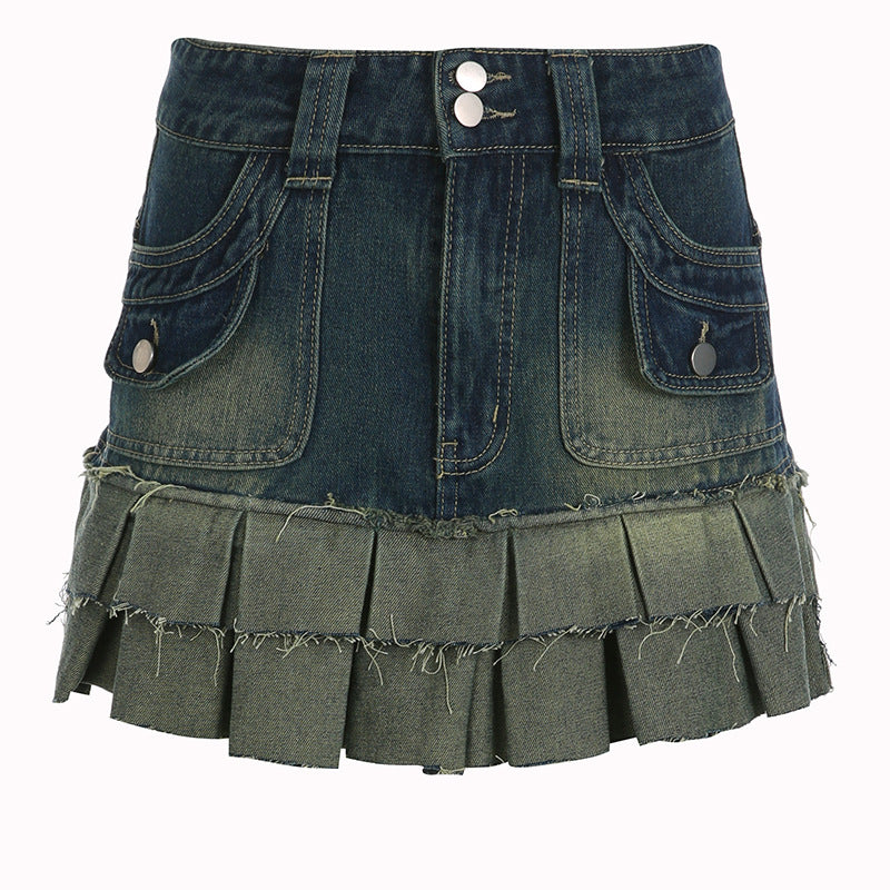 Summer Denim High Waist Gradient Double Layer Pleated Skirt Pocket Stitching Tooling Skirt