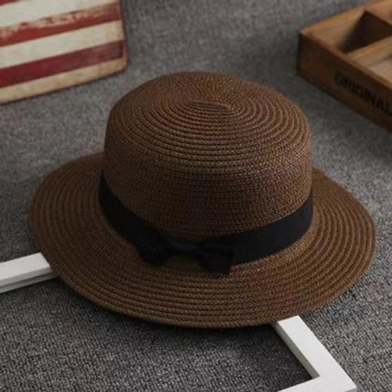 Straw Hat Summer Travel Bow Big Flat Top Hat Sunshade Sun Protection Retro Small Top Hat Beach Hat
