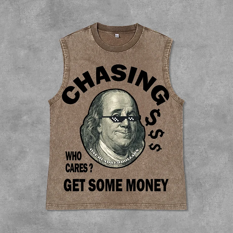 Vintage Chasing Money Graphic Print Acid Washed Sleeveless Tank Top SOPULA