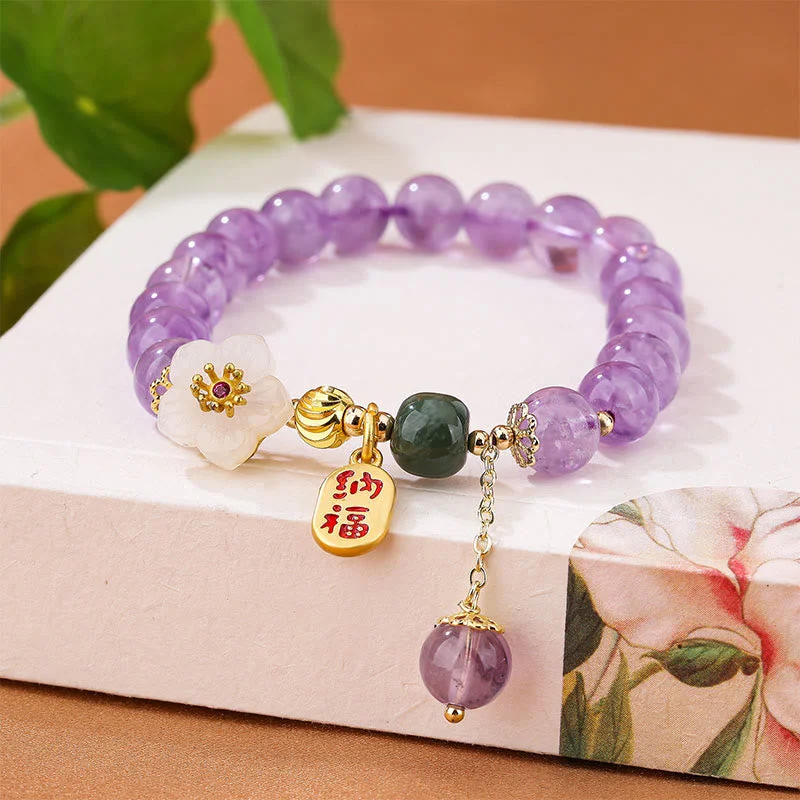 Natural Amethyst Cherry Blossom Healing Fortune Blessing Charm Bracelet