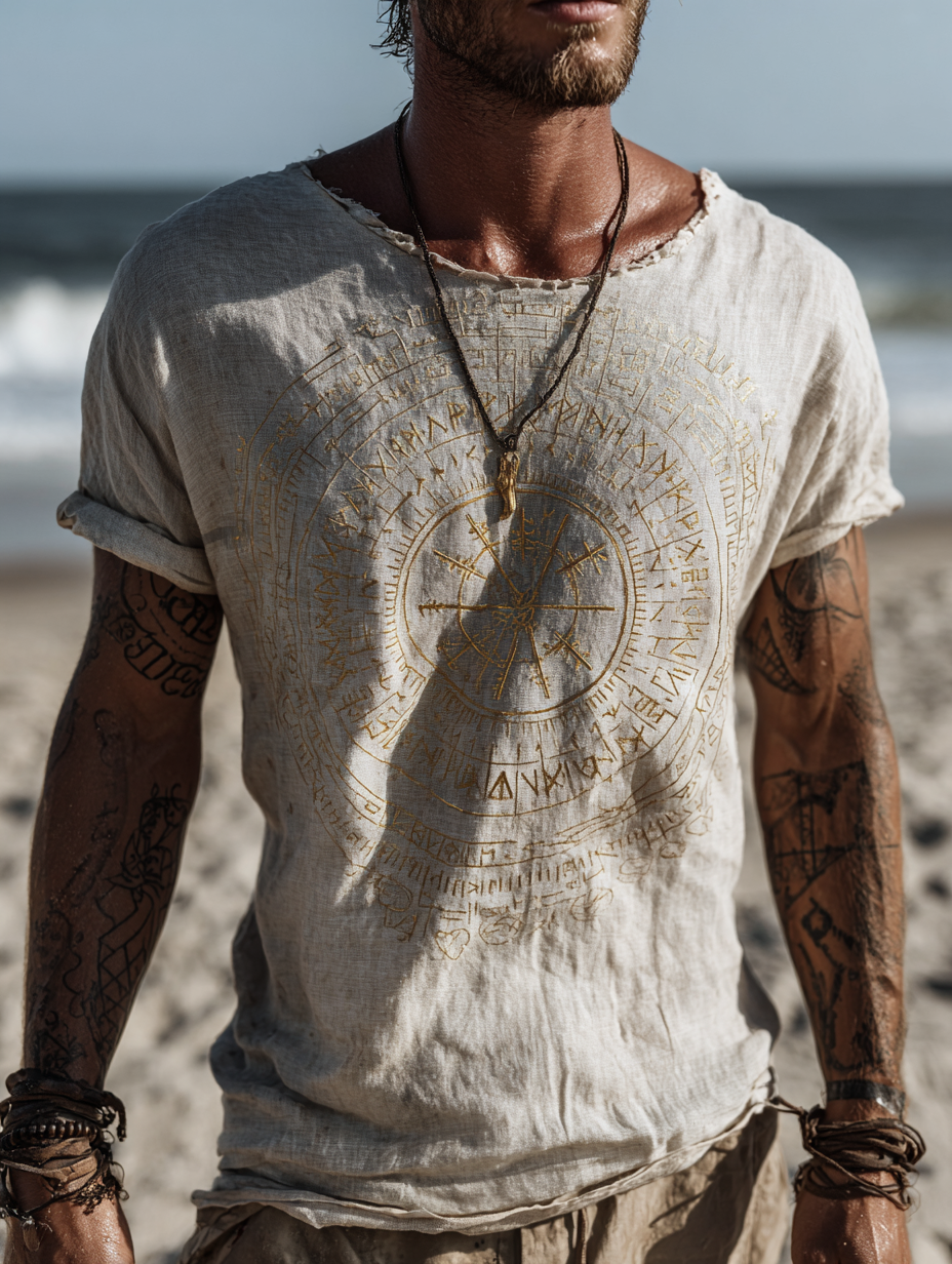 Men's Viking Vintage Runes Design Linen Shirt / Rvogue / Rvogue