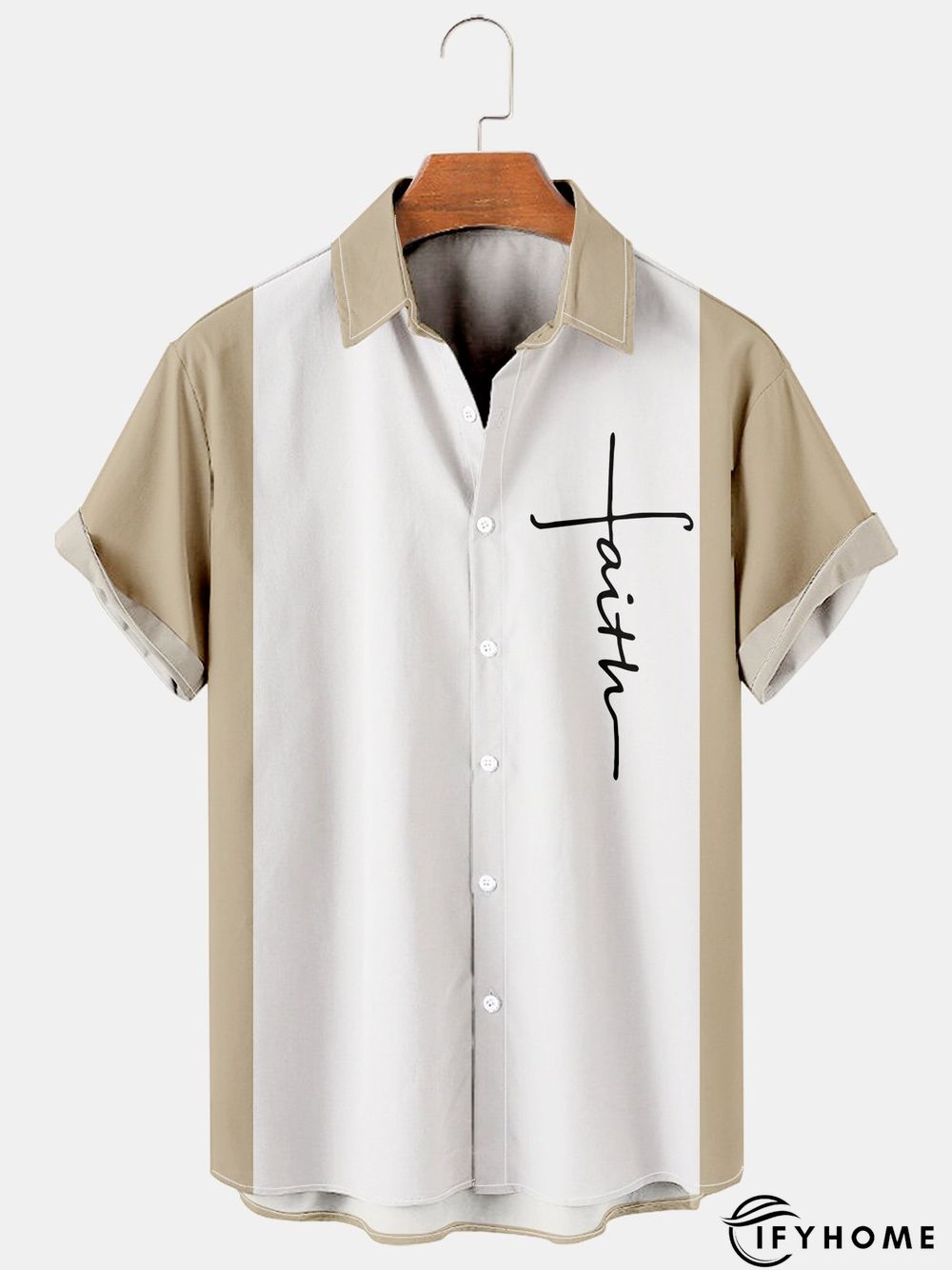Mens Crucifix Print Casual Breathable Short Sleeve Bowling Shirt | IFYHOME