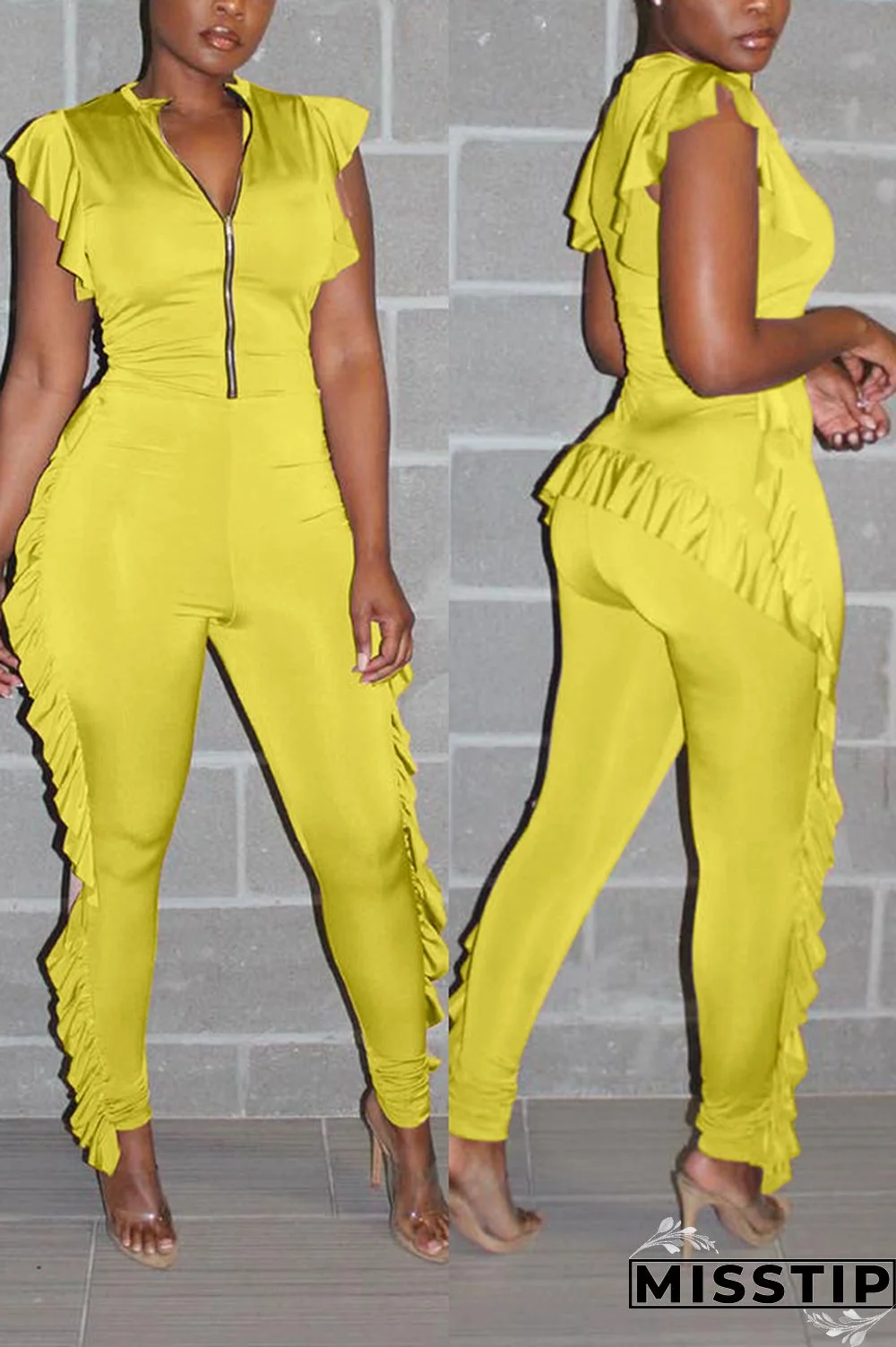 Yellow Fashion Sexy zipper Solid stringy selvedge Patchwork Short Sleeve V Neck