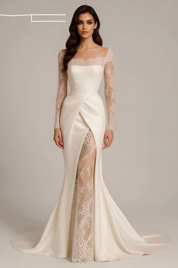 Off White Satin And Lace Square Neck Long Sleeves Long Mermaid Prom Dress With Pleated And High Split | WQ0623 Wellcucu