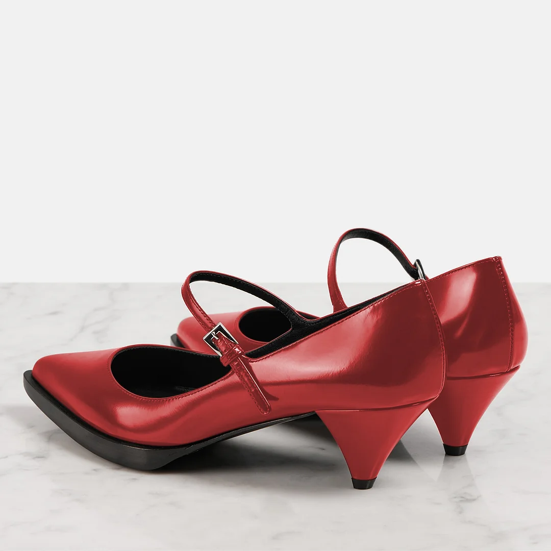 Women's Shiny Vegan Leather Pointed Buckle Strappy Sexy Pumps in Red