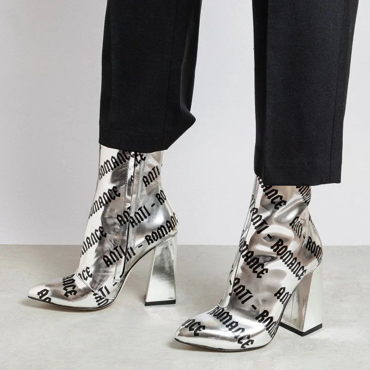 Silver Metallic Chunky Heel Boots Ankle Boots |FSJ Shoes