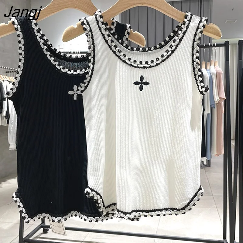 Jangj Spring and Autumn New Women's Knitted Vest Lady Design Feeling Slim Sleeveless Girls Suspender Top Black