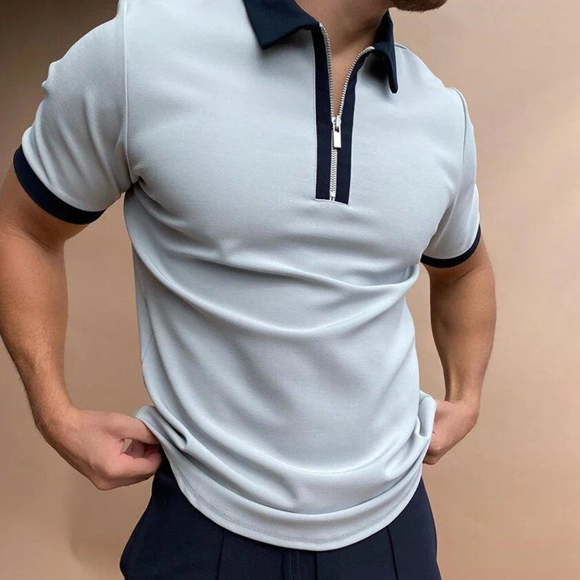 Contrasting Color Zip Polo Pink and Navy Blue Polo Shirt